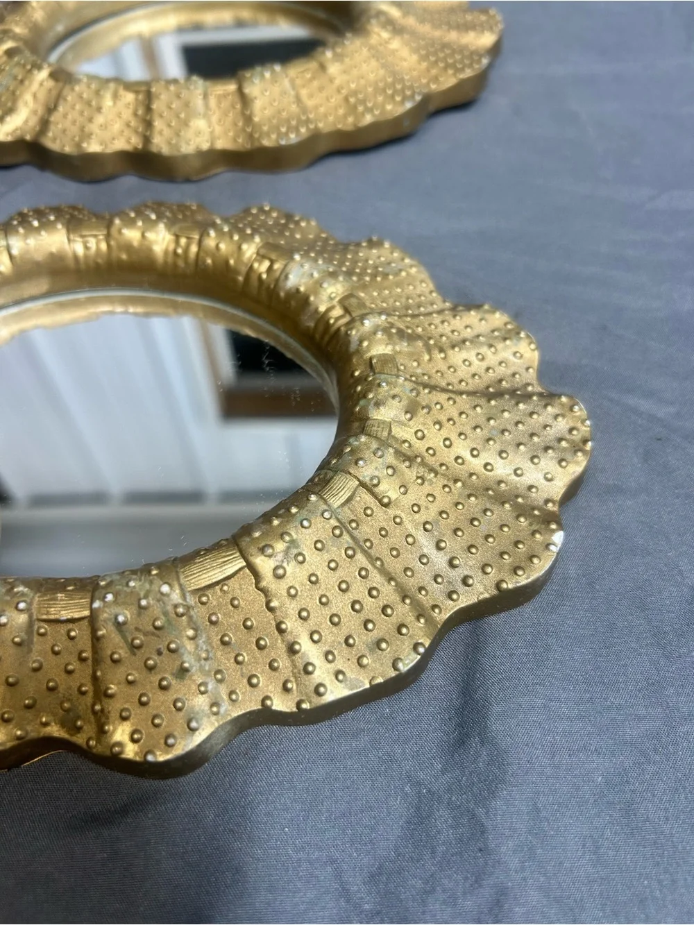 Vintage Gold Resin Wall Sconces Oval Mirror Scalloped Edges MCM Set Of 2